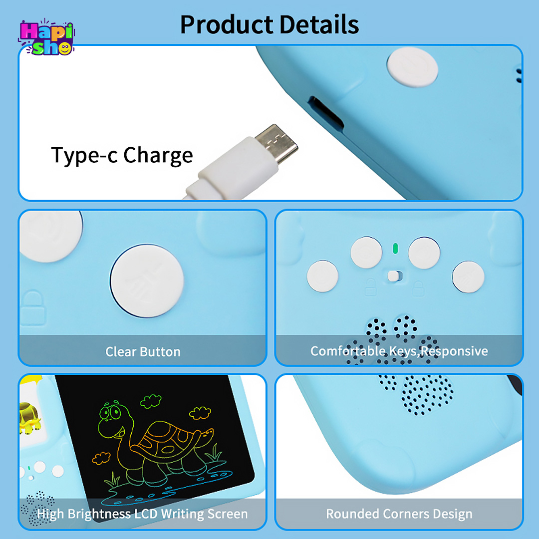 جزییات دکمه ها و نحوه شارژ فلش کارت آموزشی زبان انگلیسی کودکان موزیکال با تبلت جادویی نقاشی