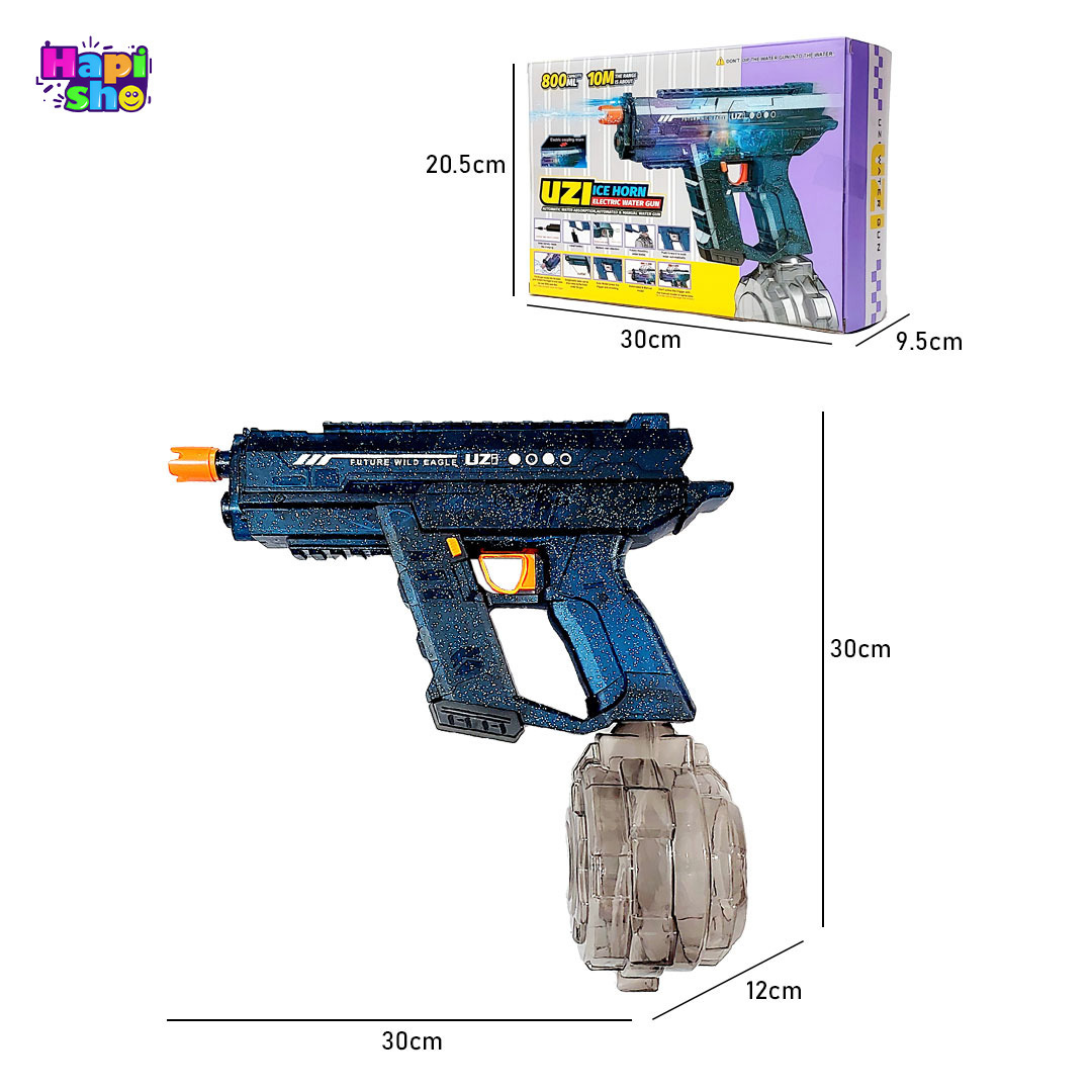  ابعاد و اندازه تفنگ آب پاش برقی حرفه ای با مکش و پرتاب رگباری مدل UZI WATER GUN–اسباب بازی 
