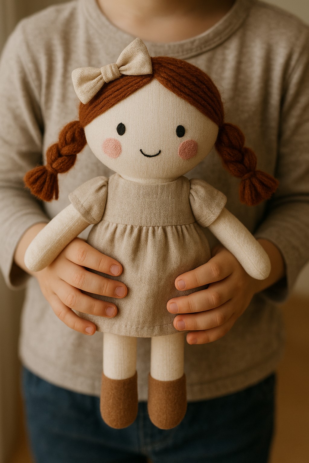 عروسک دخترانه پارچهای ساده با طراحی فانتزی در دستان کودک