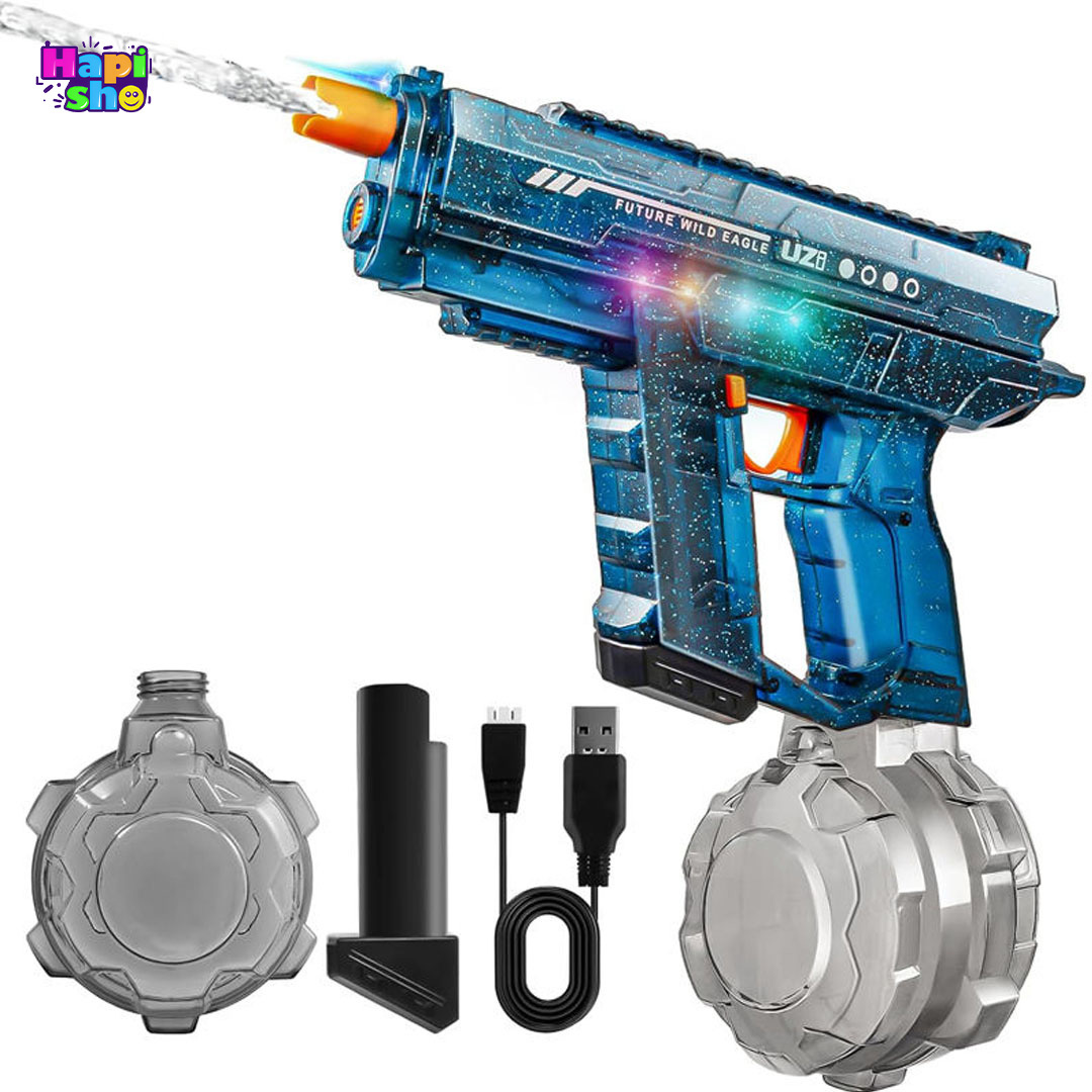  خرید تفنگ آب پاش برقی حرفه ای با مکش و پرتاب رگباری مدل UZI WATER GUN–اسباب بازی 
