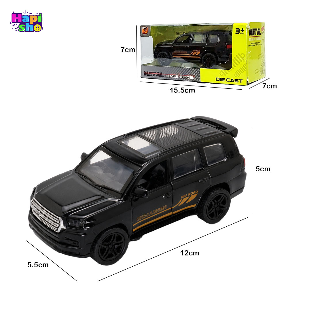  ابعاد و اندازه ماشین فلزی عقب کش تویوتا لندکروز موزیکال چراغ‌دار METAL SCALE MODEL 