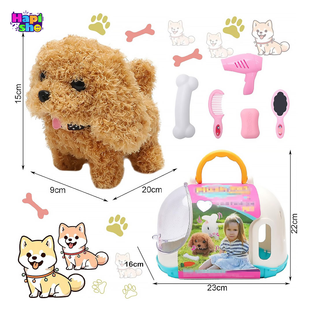  ابعاد و اندازه عروسک سگ پشمالو رباتیک با باکس و لوازم مدل CUTE PLUSH PET 