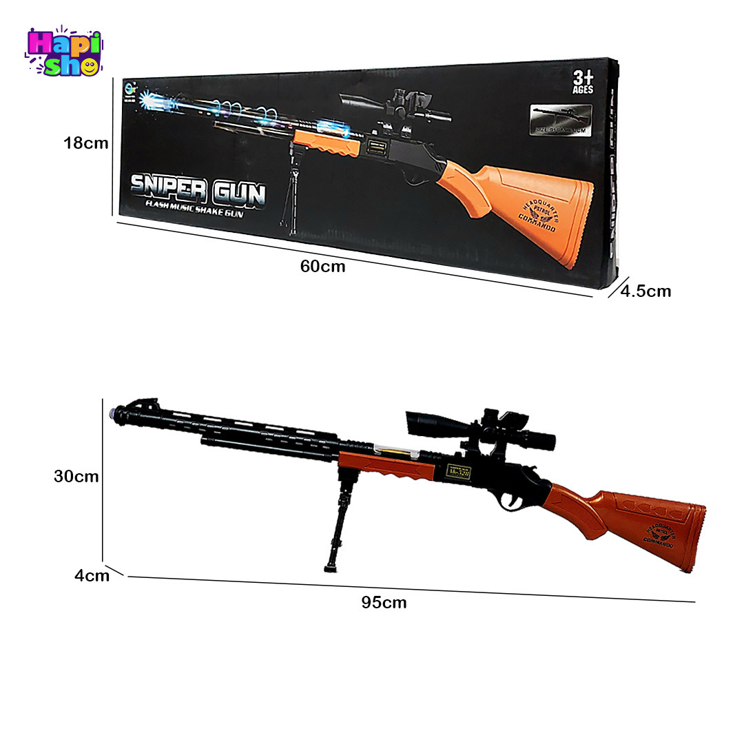  ابعاد و اندازه تفنگ موزیکال چراغدار بزرگ با لوله متحرک و پایه مدل اسنایپر SNIPER GUN–اسباب بازی 