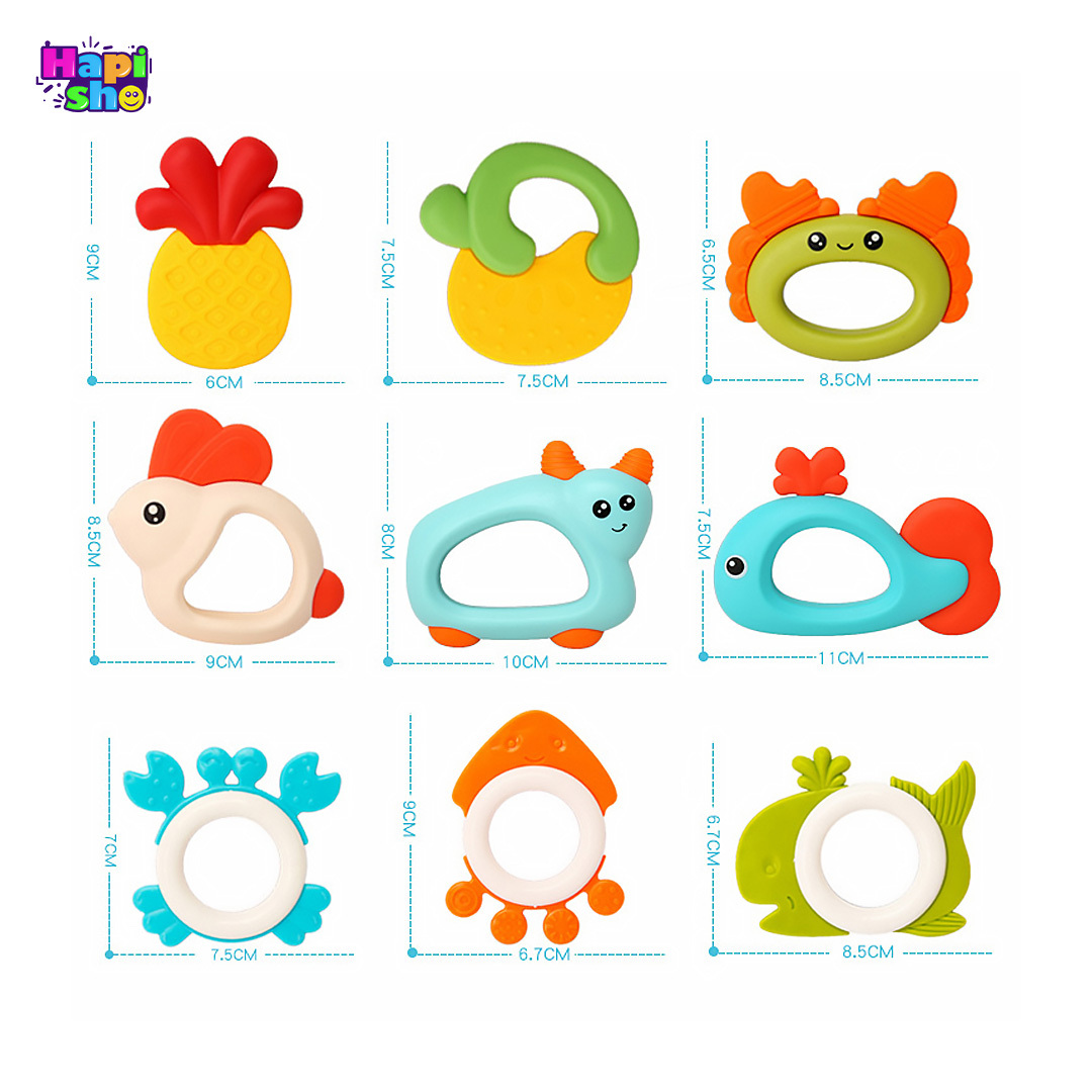  ابعاد و اندازه ست جغجغه نوزاد خارجی ۹ عددی همراه دندان‌گیر مدل PUZZLE BABY RATTLE 
