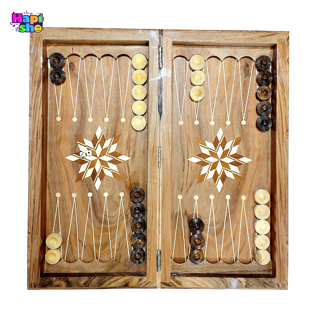  خرید تخته نرد چوب گردو سنندج با معرق کاری ستاره و لبه کتابی 50 سانتی کد 264_تخته نرد 