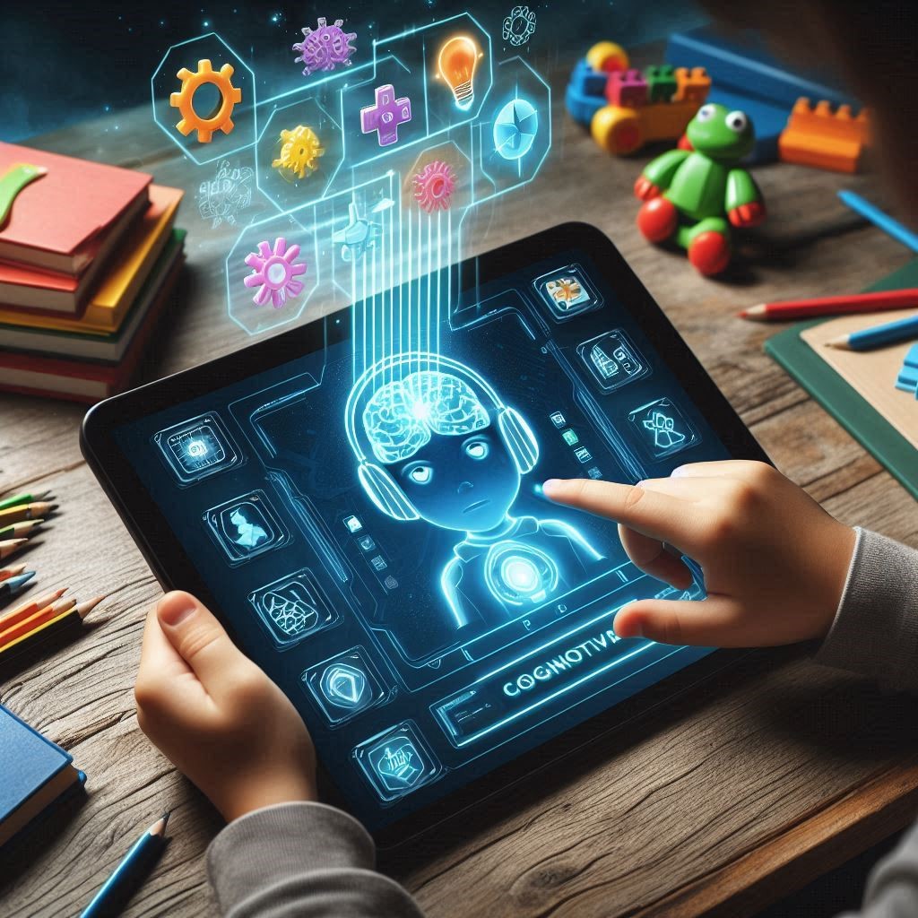 تصویر کودک در حال استفاده از تبلت آموزشی برای یادگیری بازی‌های فکری و مهارت‌های دیجیتال