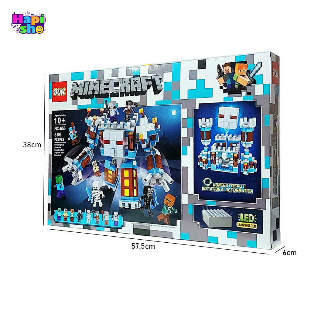 ابعاد و اندازه جعبه لگو ماینکرافت بزرگ دوحالته با چراغ الایدی و فیگور 866 قطعه DOLL–اسباب بازی