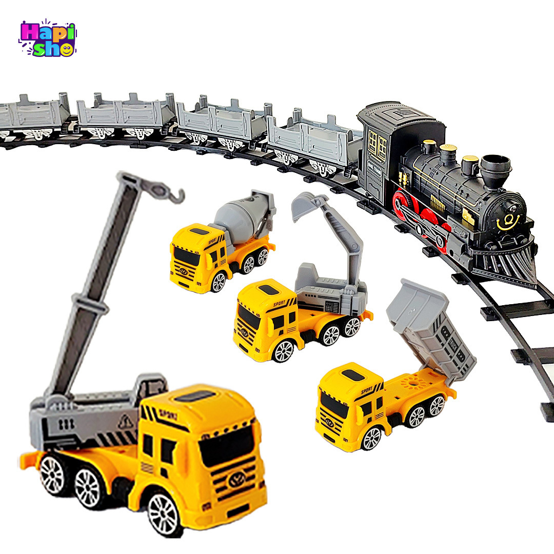  فروش قطار اسباب بازی دودزا 5 کوپه بزرگ با ماشین و چراغ مدل CLASSIC TRAIN–اسباب بازی 