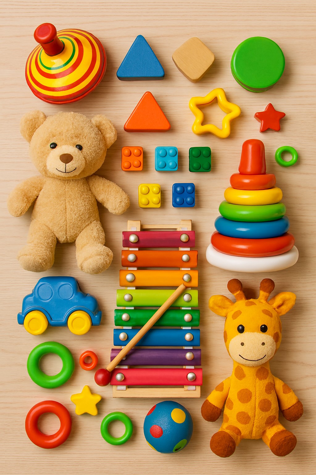 مجموعه رنگارنگ و متنوع اسباب‌بازی‌های کودکانه