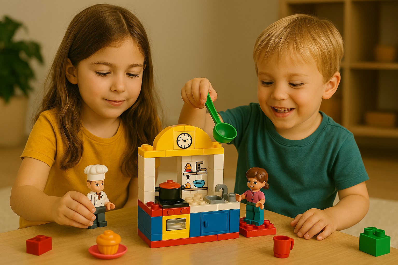 کودکان 3 تا 7 سال در حال بازی نقش‌آفرینی با لگو و ست آشپزخانه