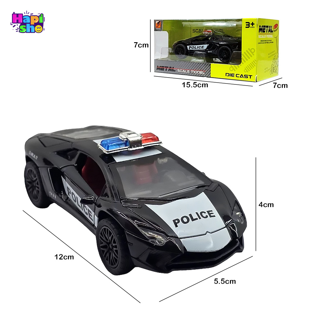 ابعاد و اندازه ماشین فلزی عقب کش طرح لامبورگینی پلیس موزیکال چراغدار METAL MODEL