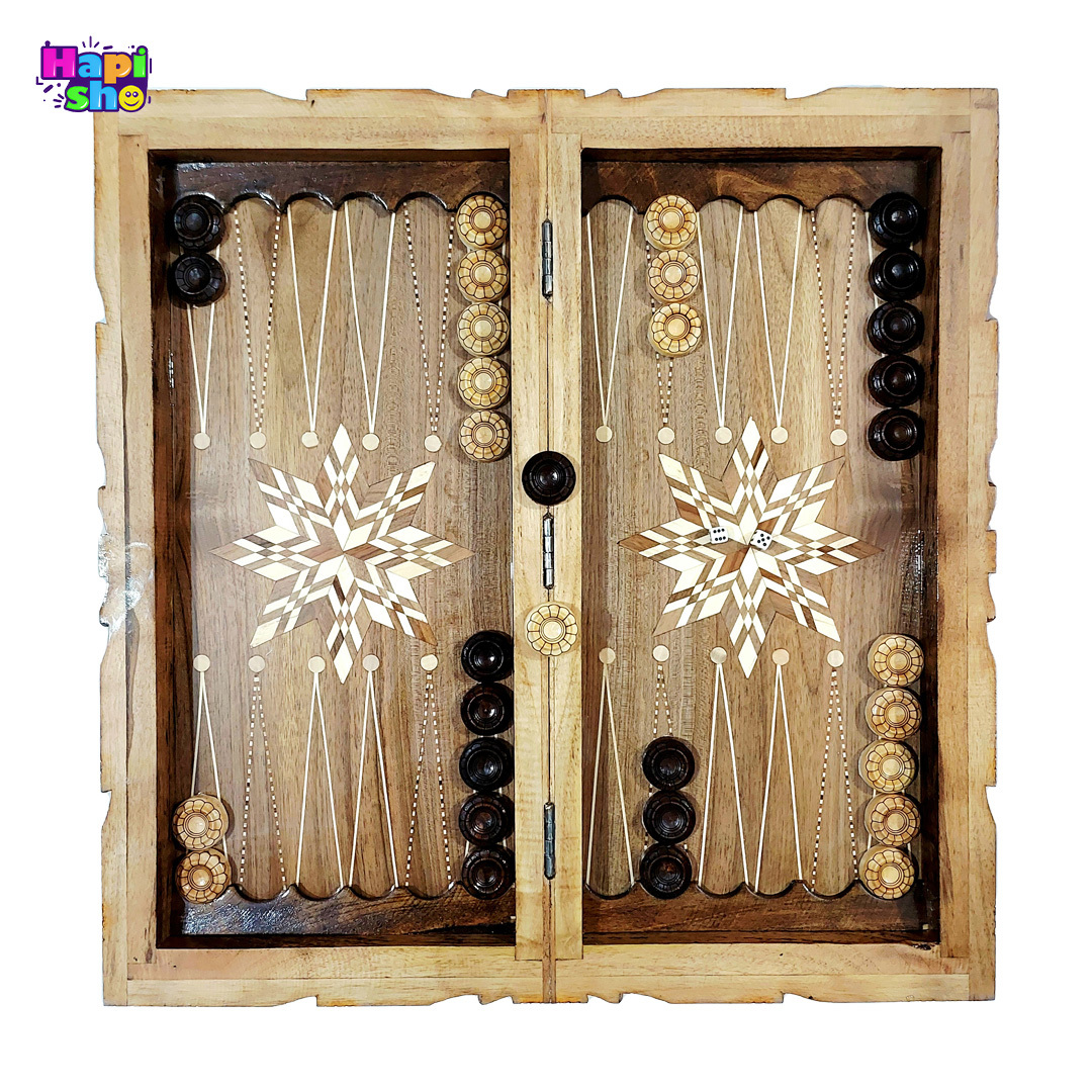 خرید تخته نرد منبت کاری چوب گردو سنندج با معرق ستاره و شطرنج ۵۰ سانت کد ۴۶۴