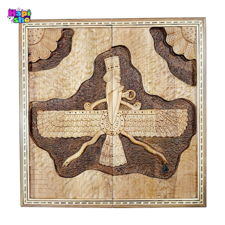 تخته نرد منبت کاری شده چوب گردو طرح فروهر با معرق کاری 50 سانت کد 348–تخته نرد