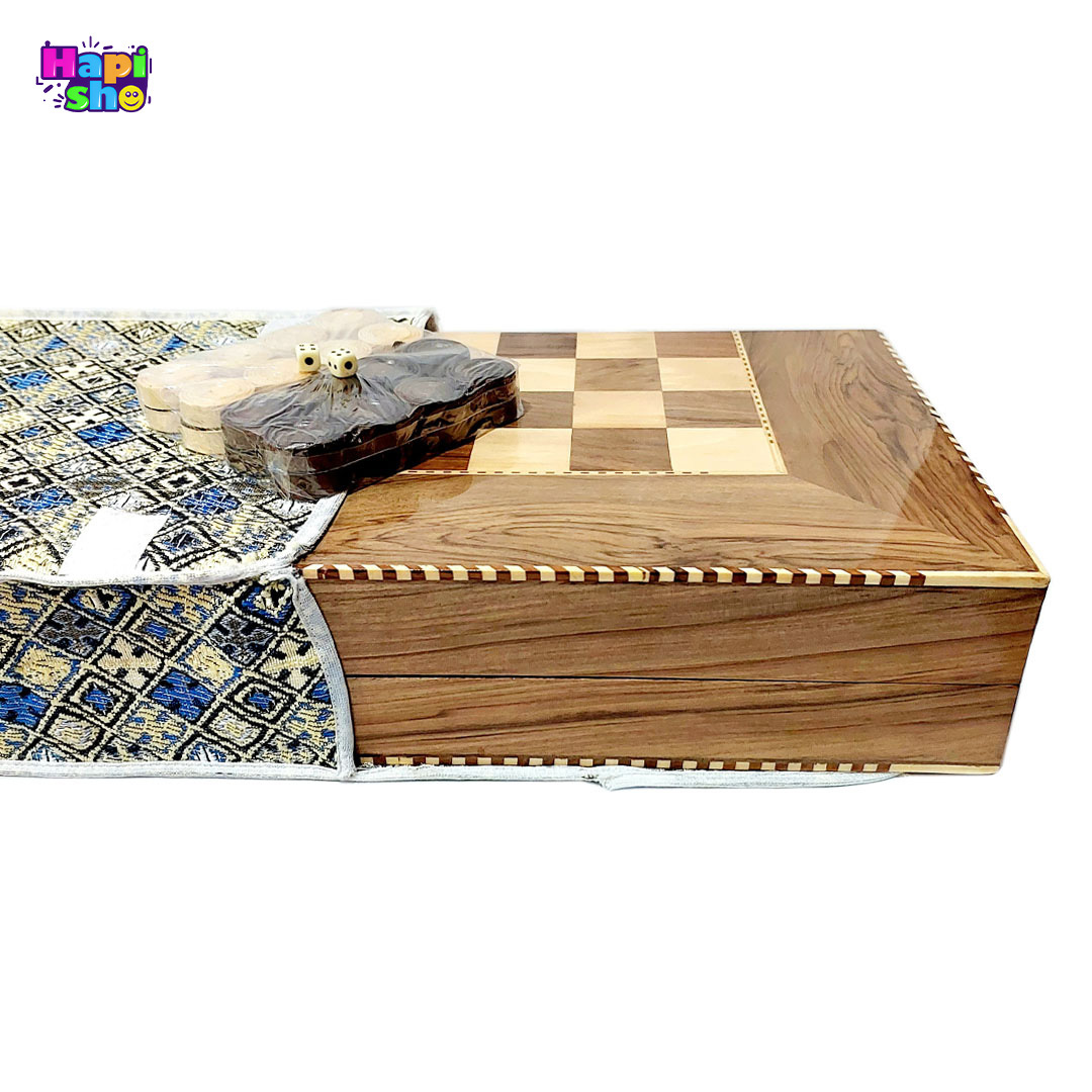  اقلام همراه تخته نرد چوب گردو سنندج با معرق کاری ستاره و لبه کتابی 50 سانتی کد 264_تخته نرد 
