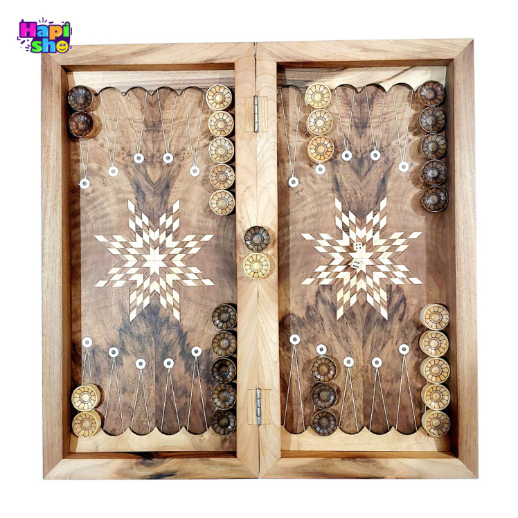 تخته نرد چوب گردو با صفحه شطرنج و معرق کاری ستاره هشت پر 50 سانتی کد 374–تخته نرد