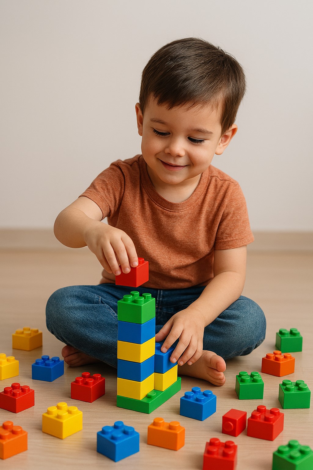 کودک خردسال در حال بازی با اسباب‌بازی‌های آموزشی و بلوک‌های رنگی