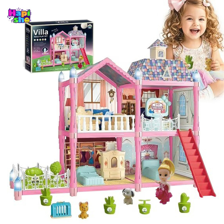 اسباب بازی خانه عروسکی 2 طبقه با چراغ شب تاب و لوازم مدل Villa Role Play Set–اسباب بازی