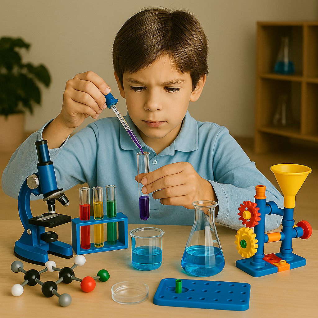 کودک 7 تا 14 سال در حال بازی با کیت علمی