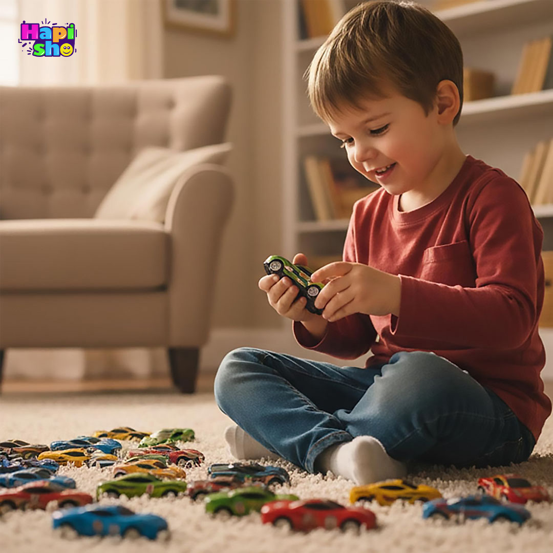  کودک درحال بازی با ماشین عقب کش فلزی خارجی ۲۰ عددی با تنوع مدل و رنگ‌بندی 