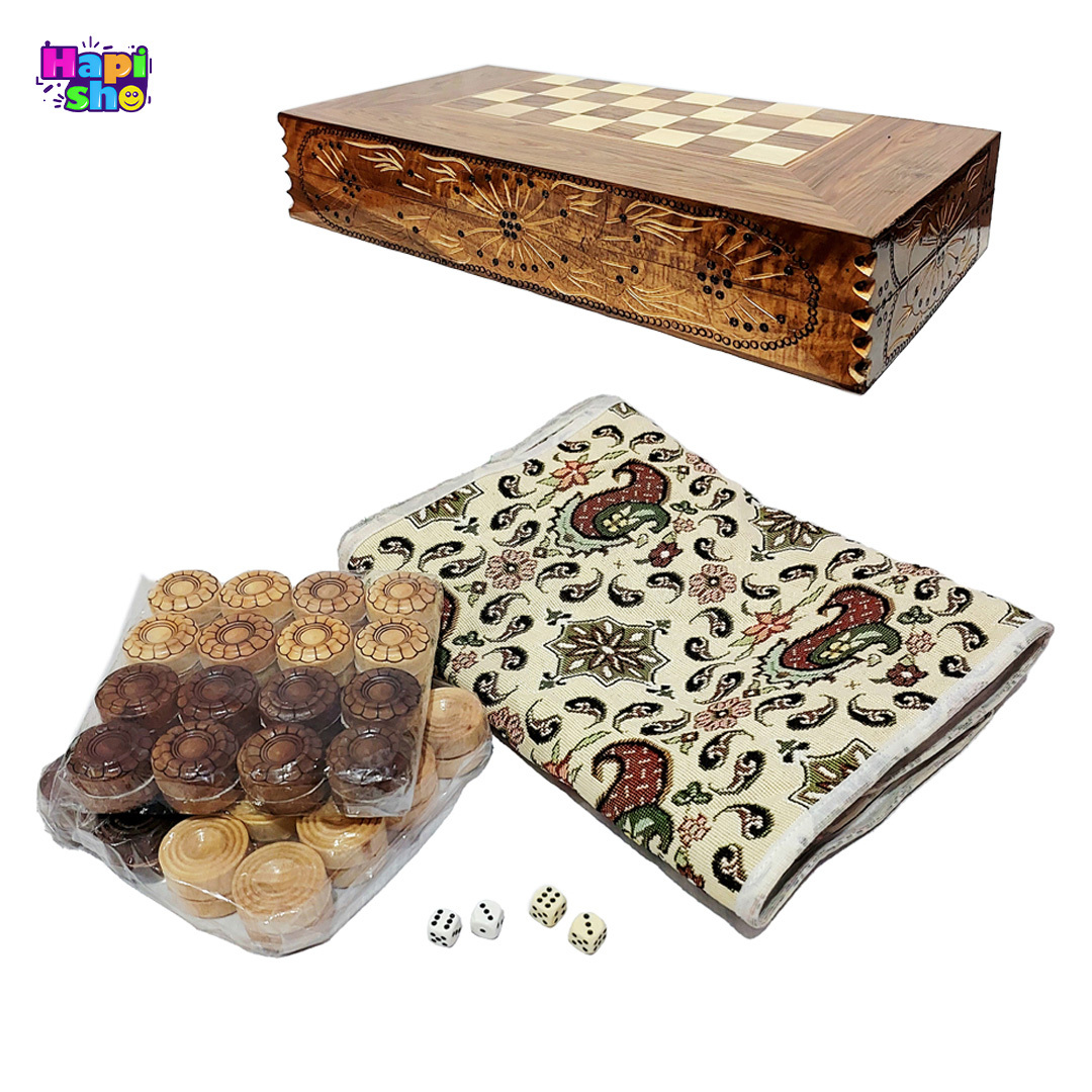 اقلام همراه تخته نرد گردو سنندج با معرق کاری و منبت دور مدل 50 سانتی کد 461