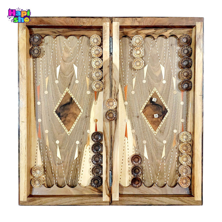 تخته نرد چوب گردو معرق کاری شده سنندج طرح شمس مدل دو بازی 50 سانت کد 379–تخته نرد