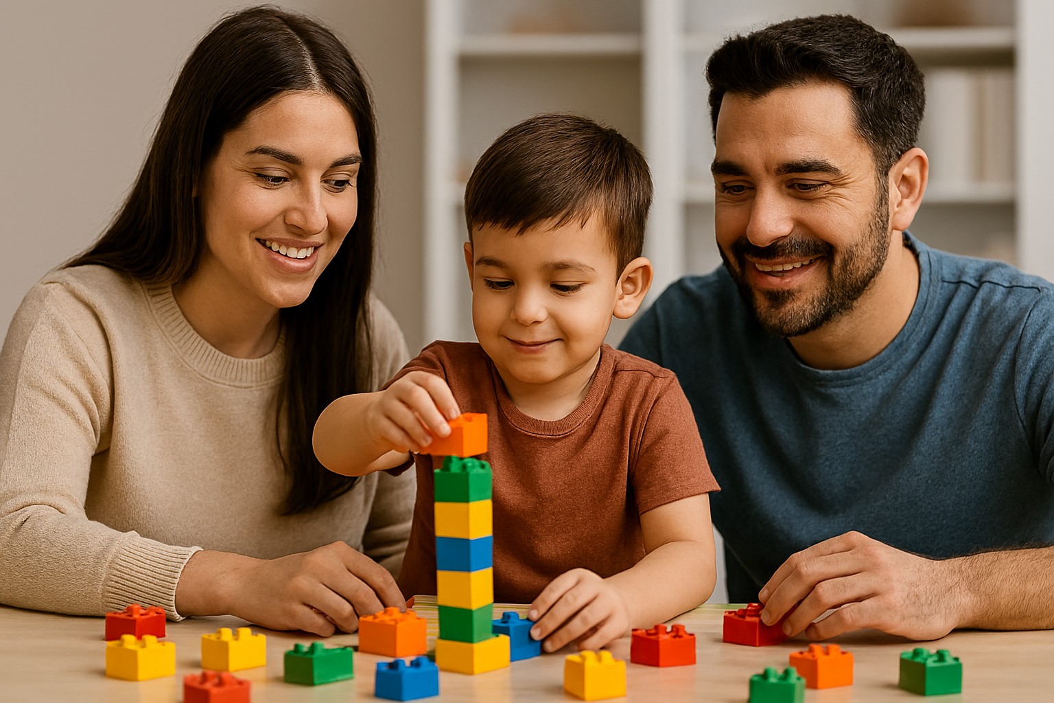 والدین در حال بازی و تعامل با کودک با استفاده از اسباب‌بازی