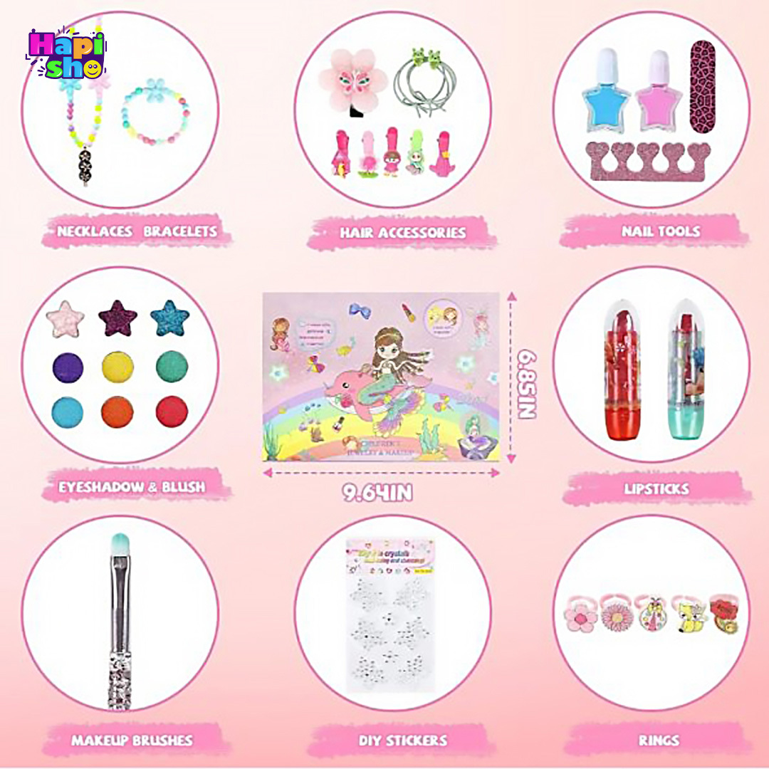 اقلام داخل اسباب بازی لوازم آرایشی دخترانه ۲ در ۱ واقعی CHILDREN JEWELRY & MAKEUP