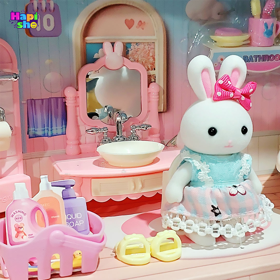  جزییات عروسک اسباب بازی خانه عروسکی خرگوش مدل حمام با وسایل FUN RABBIT PLAY HOUSE 