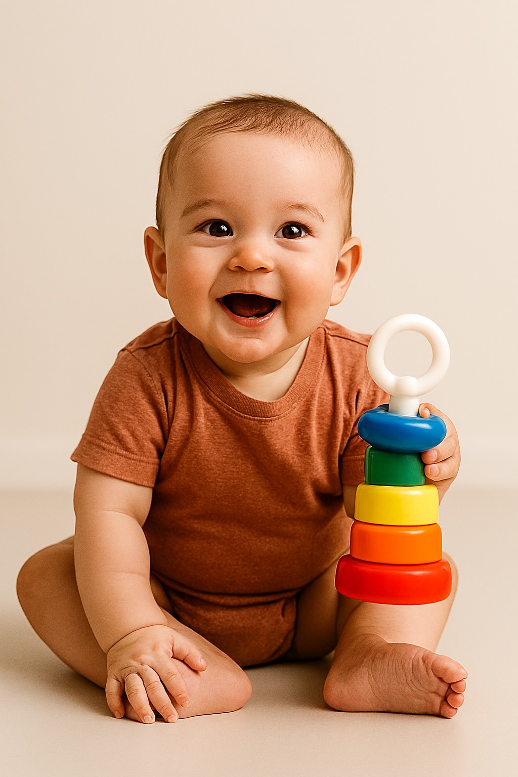 نوزاد در حال بازی با جغجغه رنگی و اسباب‌بازی بافت‌دار