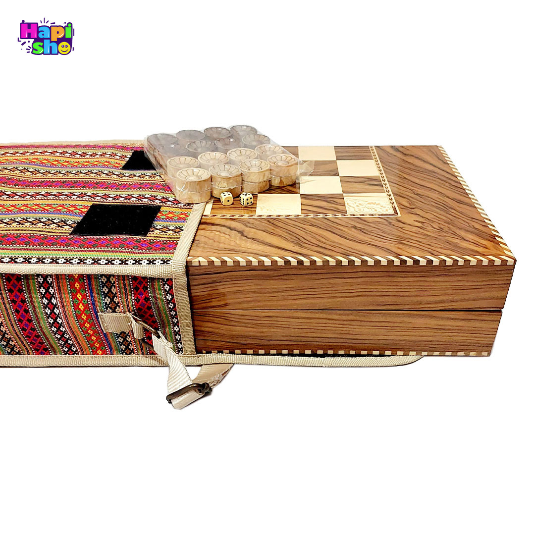  اقلام همراه تخته نرد اصل تمام ریشه گردو سنندج طرح ابر و باد با صفحه شطرنج 50 سانتی کد 372–تخته نرد 