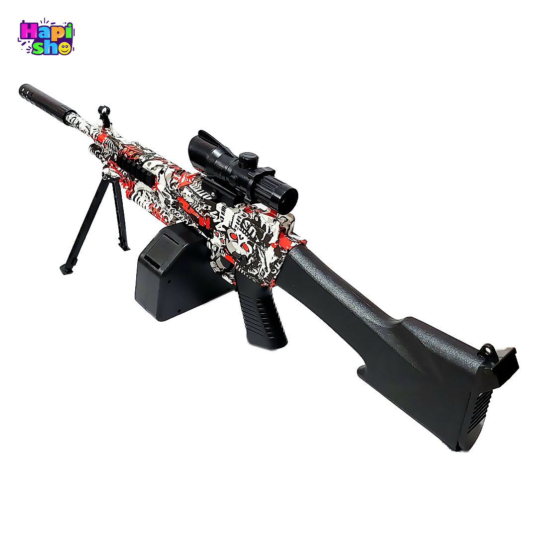 نمای از عقب تفنگ اسباب بازی تیر ژله ای بزرگ با شلیک رگباری مدل GUNSET M249 