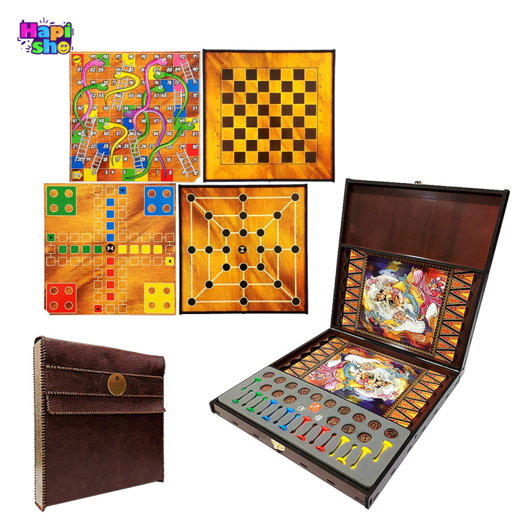 پک بازی 5 کاره چوبی مسافرتی با قفل و کیف چرمی دست دوز–اسباب بازی