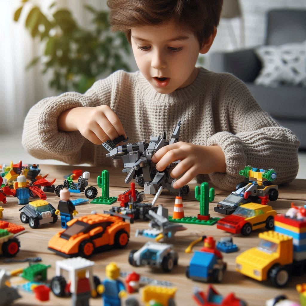 تصویر کودک در حال ساخت مدل‌های مختلف با اسباب‌بازی‌های ساختنی مانند لگو