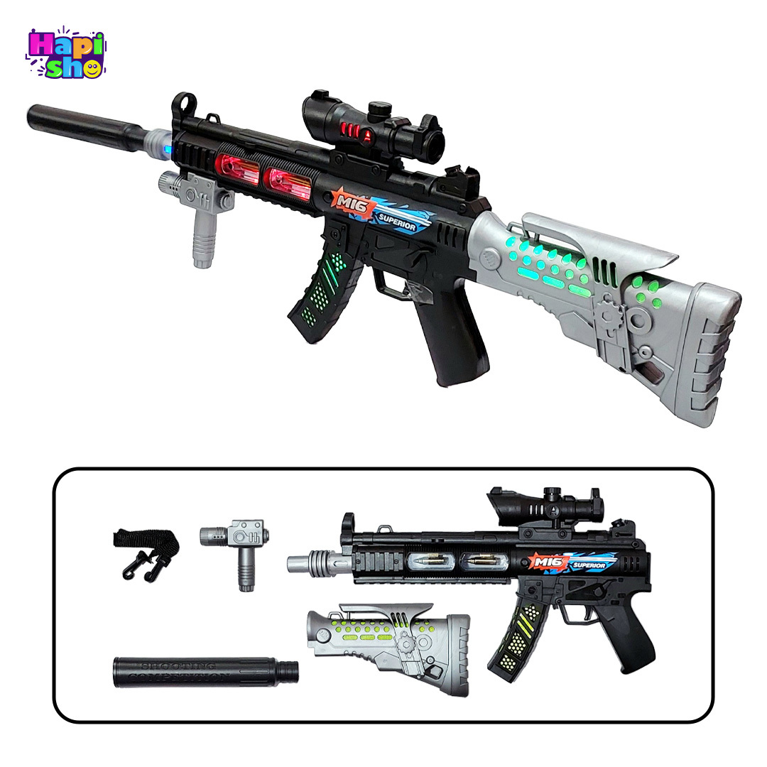 اقلام همراه تفنگ موزیکال چراغدار بزرگ با ویبره و لوله متحرک MP5K SUPERIOR GUN