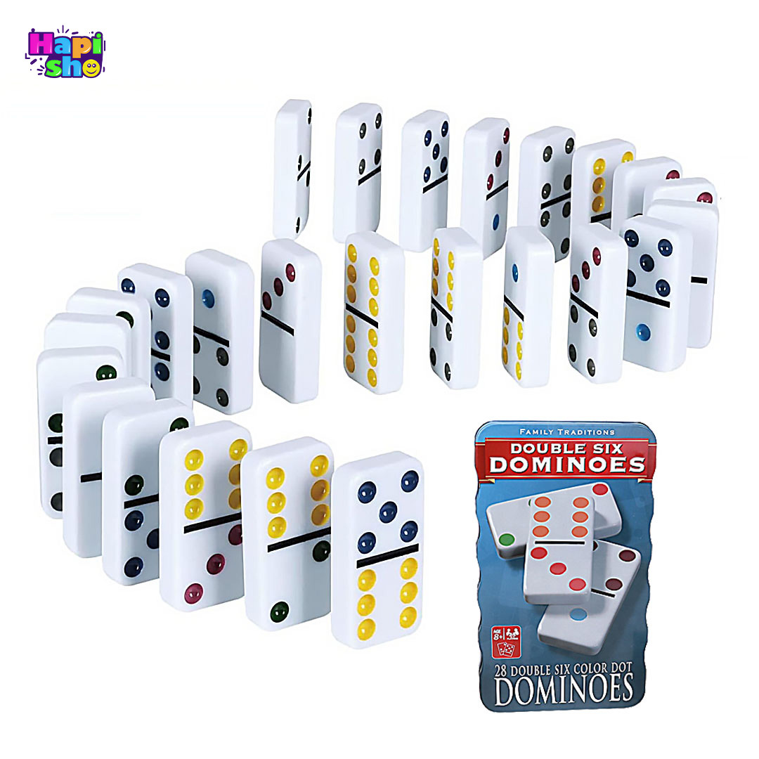  فروش دومینو سنگی با جعبه فلزی و نقطه‌های رنگی مدل دابل سیکس DOUBLE SIX–اسباب‌بازی 