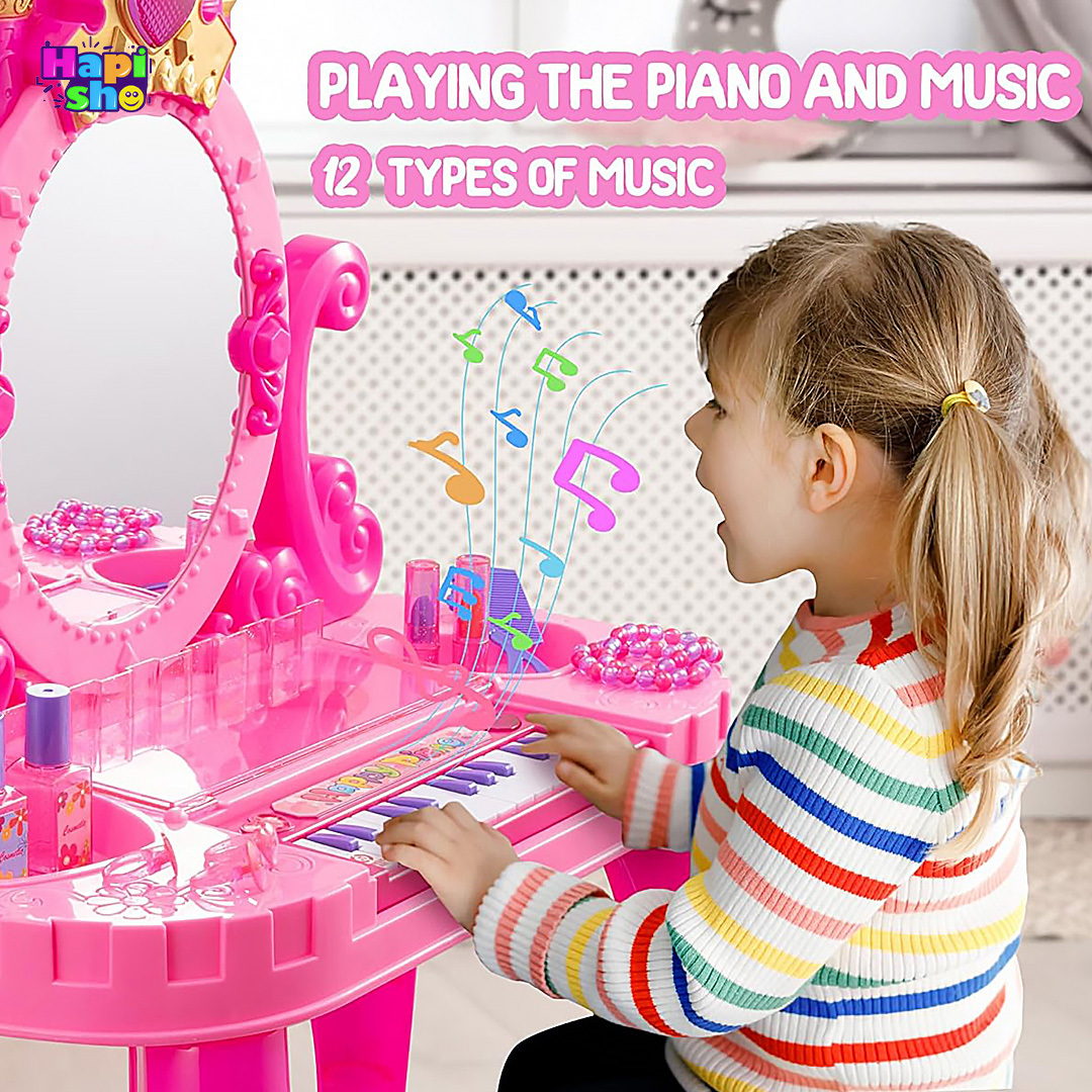  قیمت میز آرایش اسباب بازی بزرگ پیانو دار با وسایل و چراغ مدل Piano Vanity–اسباب بازی 