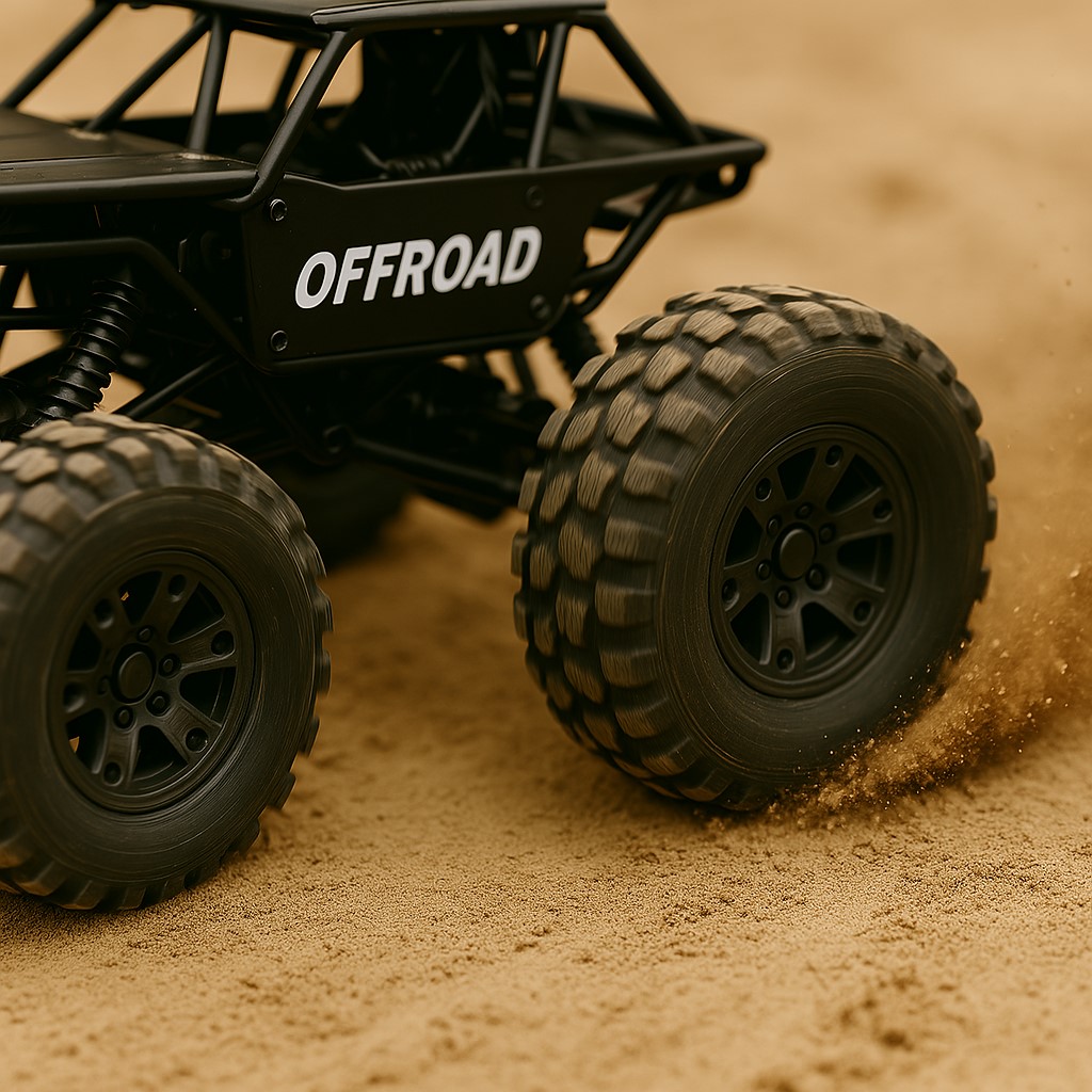 چرخ لاستیکی بزرگ ماشین کنترلی آفرود در حال حرکت روی زمین ناهموار