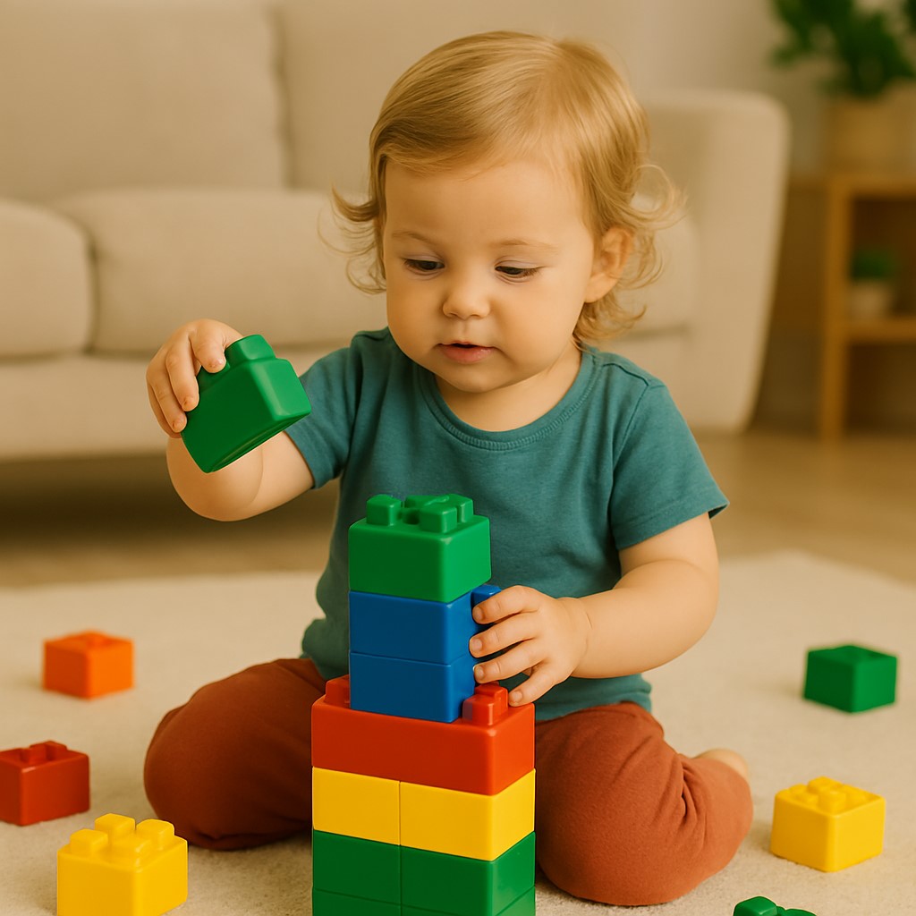  کودک 1 تا 3 سال در حال بازی با بلوک‌های بزرگ