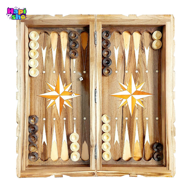 تخته نرد سنندج چوب گردو با لبه های منبت کاری و معرق ستاره 50 سانتی کد 328_تخته نرد