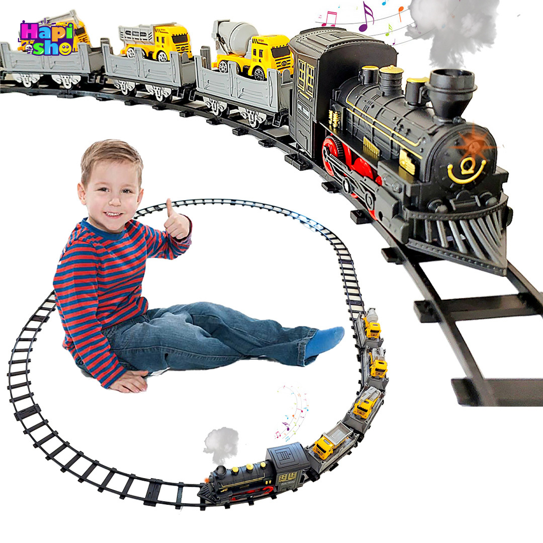  قطار اسباب بازی دودزا 5 کوپه بزرگ با ماشین و چراغ مدل CLASSIC TRAIN–اسباب بازی 