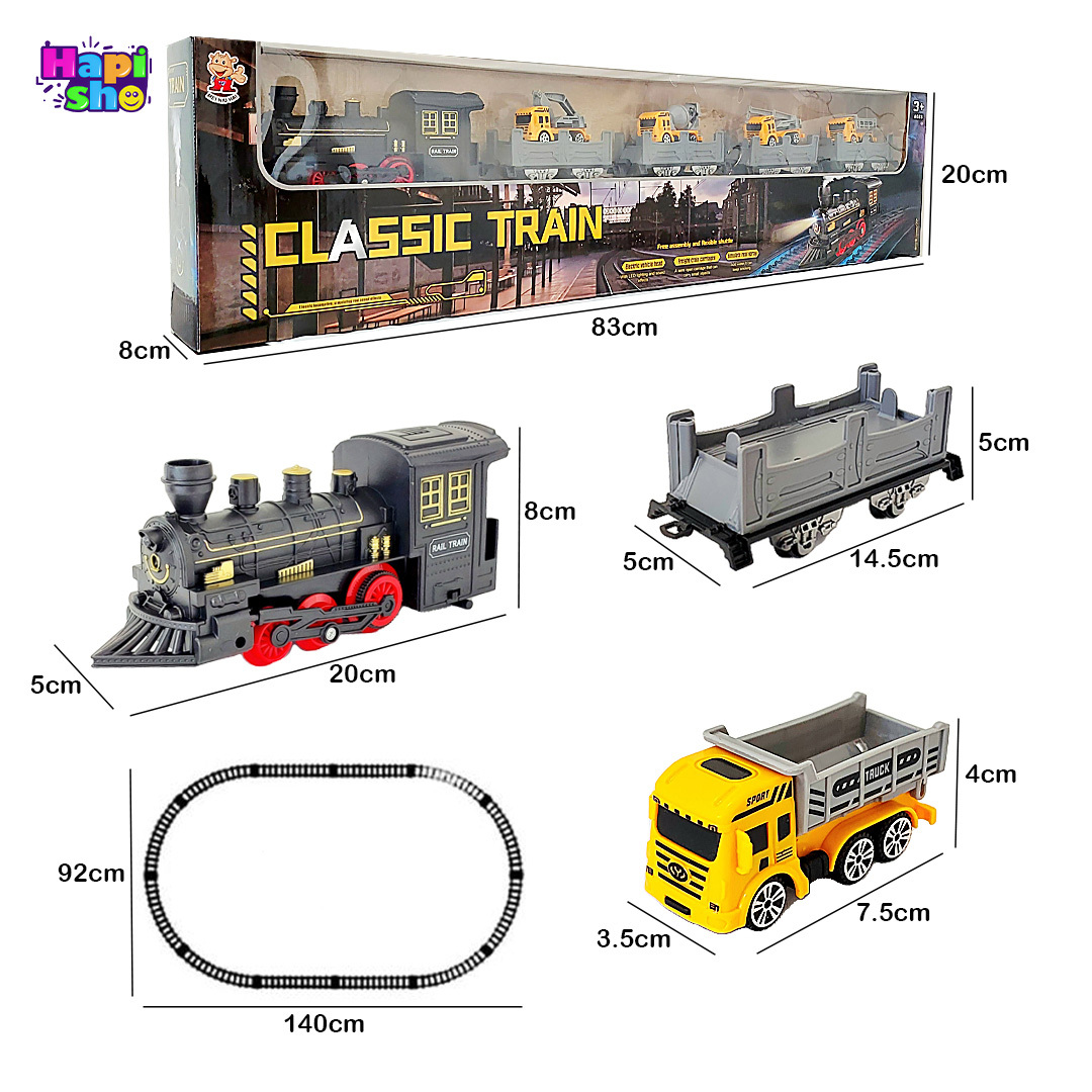  ابعاد و اندازه قطار اسباب بازی دودزا 5 کوپه بزرگ با ماشین و چراغ مدل CLASSIC TRAIN–اسباب بازی 