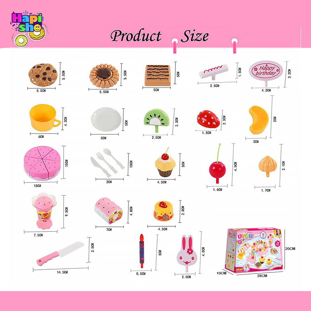 ابعاد و اندازه اسباب بازی کیک تولد موزیکال چراغ دار 75 تکه مدل DIY Cake
