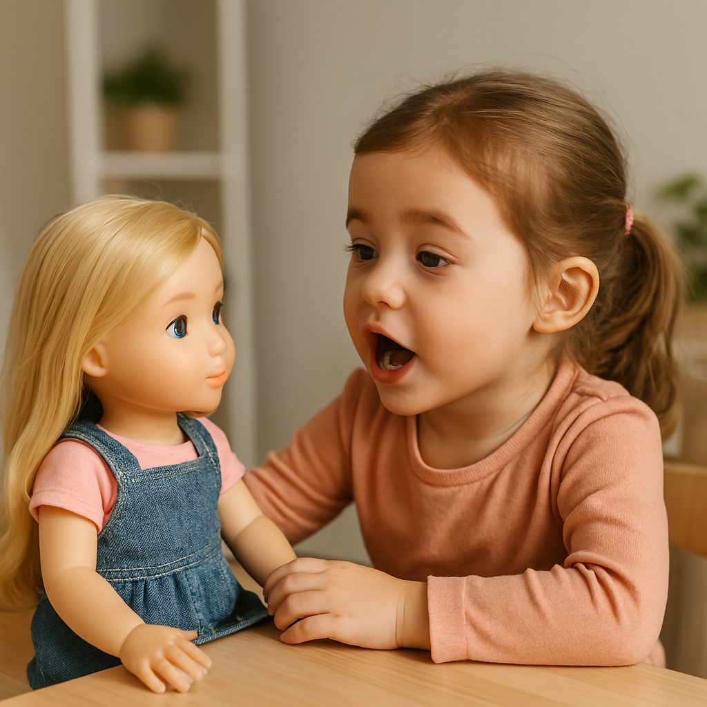 کودک در حال حرف زدن با عروسک دخترانه و تمرین مهارت گفتاری