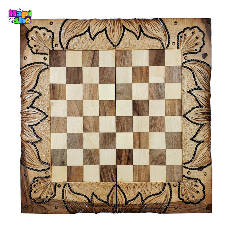 تخته نرد منبت کاری چوب گردو سنندج با معرق ستاره و شطرنج ۵۰ سانت کد ۴۶۴