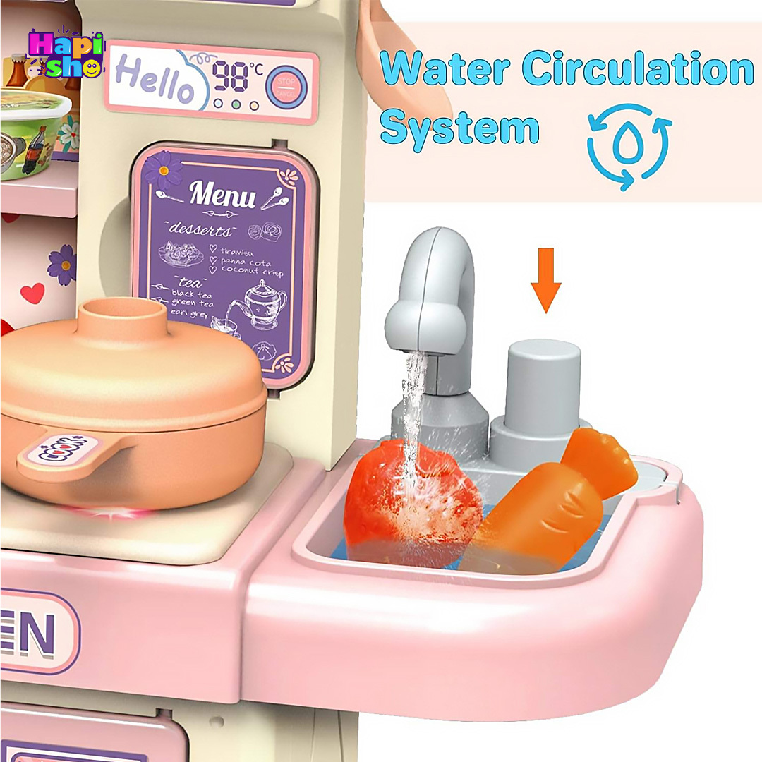  نحوه استفاده از شیر آب در آشپزخانه اسباب بازی با اجاق بخار کن و سینک پمپ دار Dream Kitchen 