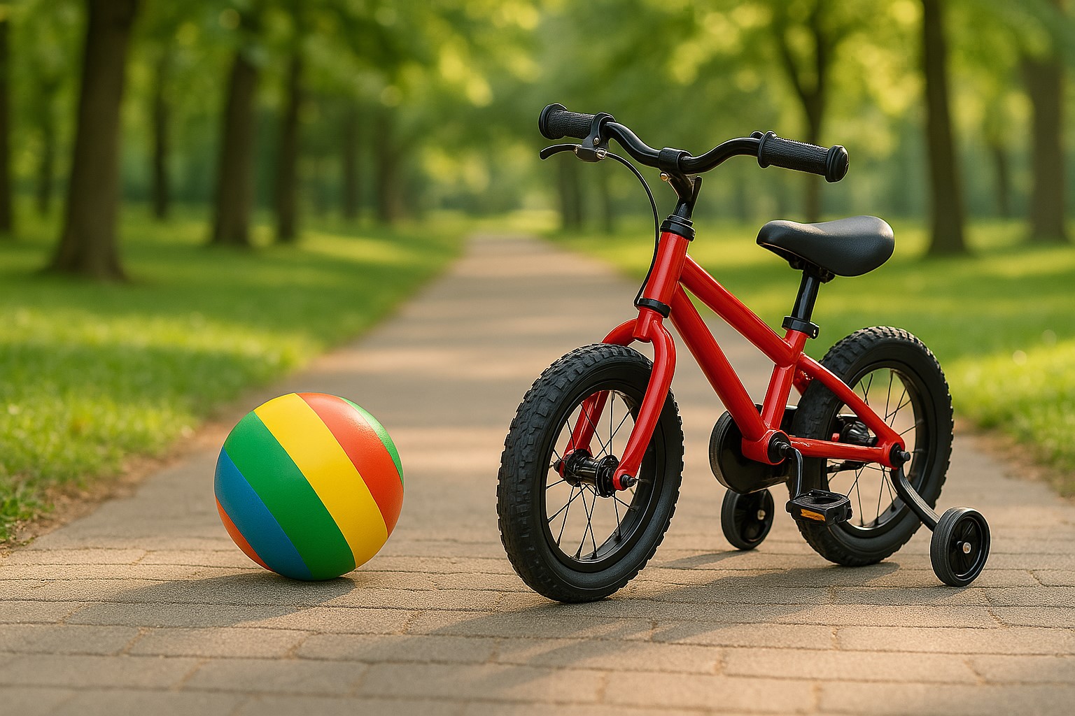 دوچرخه کودک و توپ رنگی در پارک