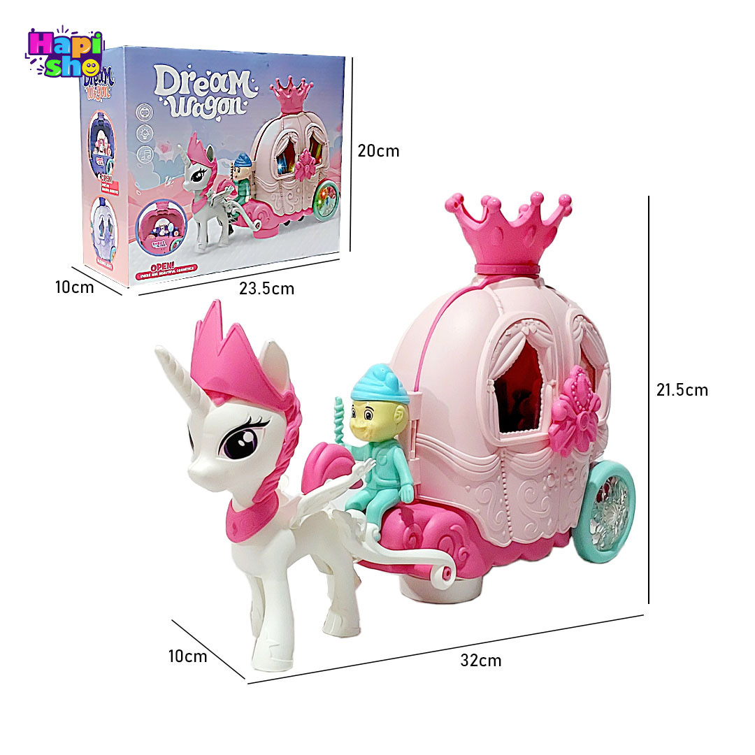  ابعاد و اندازه اسباب بازی دخترانه موزیکال اسب تک‌شاخ با کالسکه چراغ‌دار Dream Wagon–اسباب بازی 