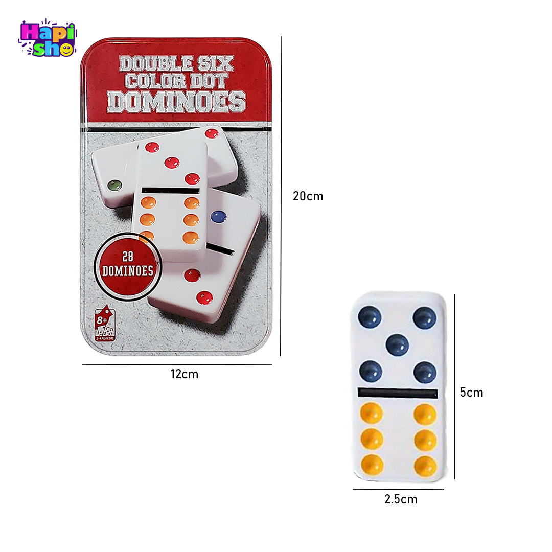ابعاد و اندازه دومینو سنگی جعبه فلزی با نقطههای رنگی مدل DOUBLE SIX COLOR DOT
