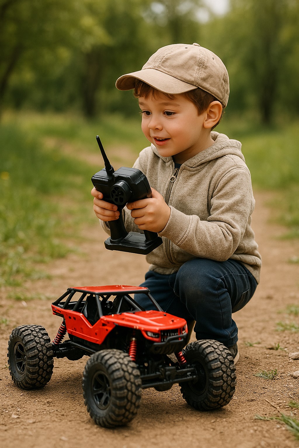 کودک در حال کنترل ماشین کنترلی آفرود در فضای باز