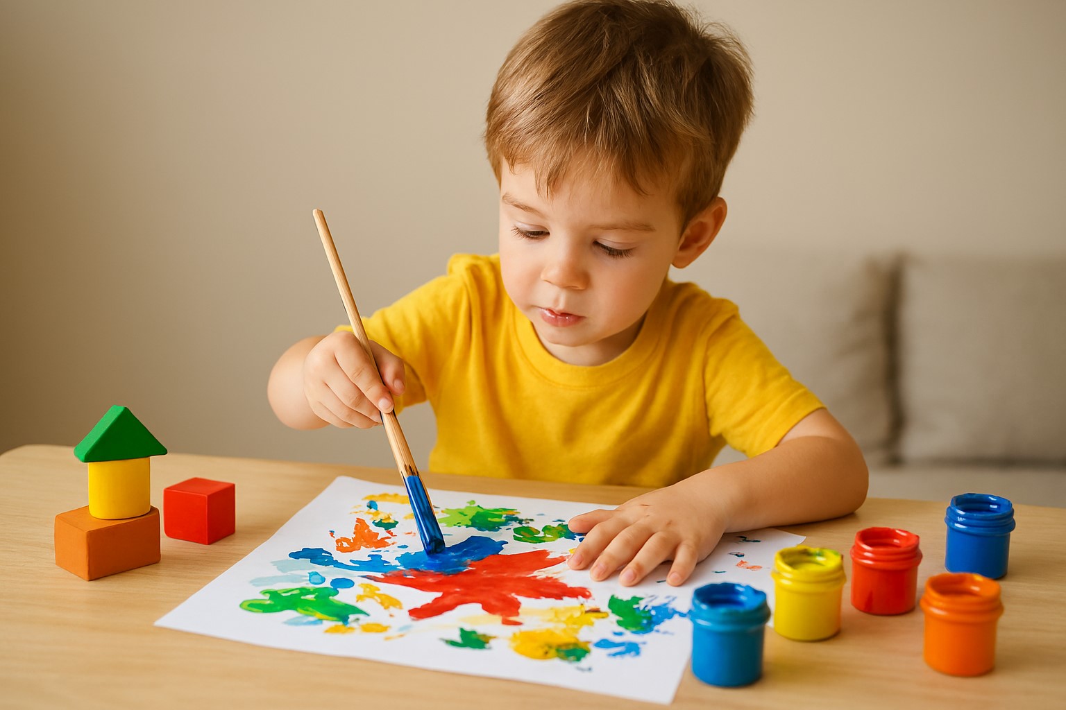 کودک در حال نقاشی و بازی ساختنی برای تقویت خلاقیت